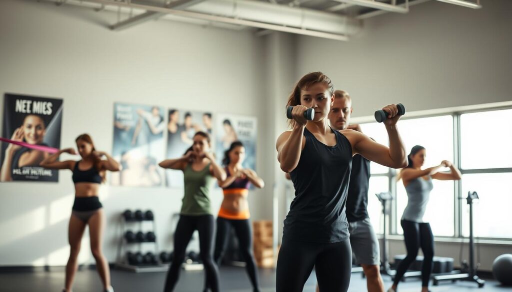 A serene indoor gym environment bathed in soft, natural light streaming through large windows. In the foreground, a diverse group of individuals, dressed in professional athletic wear, are engaged in a balanced blend of strength exercises and mobility drills. One person is performing a resistance band stretch, while another lifts a light dumbbell, showcasing form and focus. In the middle ground, a personal trainer guides a client through a dynamic warm-up routine, emphasizing proper posture and technique. The background features motivational fitness posters and neatly arranged exercise equipment. The atmosphere is uplifting and encouraging, promoting a sense of well-being and injury prevention through mindful movement and strength training. The camera angle is slightly elevated, capturing the action from a perspective that invites viewers into the scene. A serene indoor gym environment bathed in soft, natural light streaming through large windows. In the foreground, a diverse group of individuals, dressed in professional athletic wear, are engaged in a balanced blend of strength exercises and mobility drills. One person is performing a resistance band stretch, while another lifts a light dumbbell, showcasing form and focus. In the middle ground, a personal trainer guides a client through a dynamic warm-up routine, emphasizing proper posture and technique. The background features motivational fitness posters and neatly arranged exercise equipment. The atmosphere is uplifting and encouraging, promoting a sense of well-being and injury prevention through mindful movement and strength training. The camera angle is slightly elevated, capturing the action from a perspective that invites viewers into the scene.