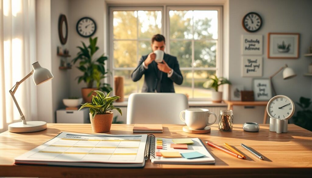 A serene workspace showcasing the concept of "keystone habits." In the foreground, an organized desk with a planner open to a weekly schedule, colorful sticky notes, and a fresh plant, symbolizing growth and stability. The middle ground features a person in professional business attire, thoughtfully engaging with a cup of coffee, embodying focus and intention. In the background, a large window reveals a peaceful morning landscape with soft sunlight filtering in, casting warm golden tones across the room. Subtle decor items like a clock and motivational quotes decorate the space, enhancing an atmosphere of productivity and peace. The lighting is bright yet soft, creating an inviting and motivating environment, with a shallow depth of field to emphasize the foreground elements.