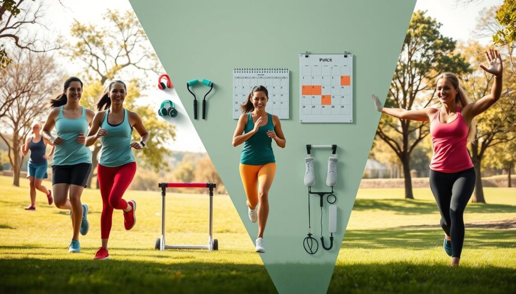 A split-scene depiction of "dopamine management in fitness," illustrating the balance between novelty and consistency. In the foreground, a diverse group of fitness enthusiasts, dressed in modest, colorful athletic attire, engage in various activities: one person enjoys a fresh outdoor run, another participates in a lively group fitness class, and a third practices yoga in a serene park setting. The middle ground features vibrant exercise equipment and fitness gadgets symbolizing novelty, while simultaneously showing a consistent workout schedule on a wall calendar. The background is a sunny park landscape with trees and gentle hills, creating an inviting atmosphere. The scene is illuminated by soft, natural light, capturing the energy and joy of fitness, emphasizing the psychological interplay of new experiences and routine.