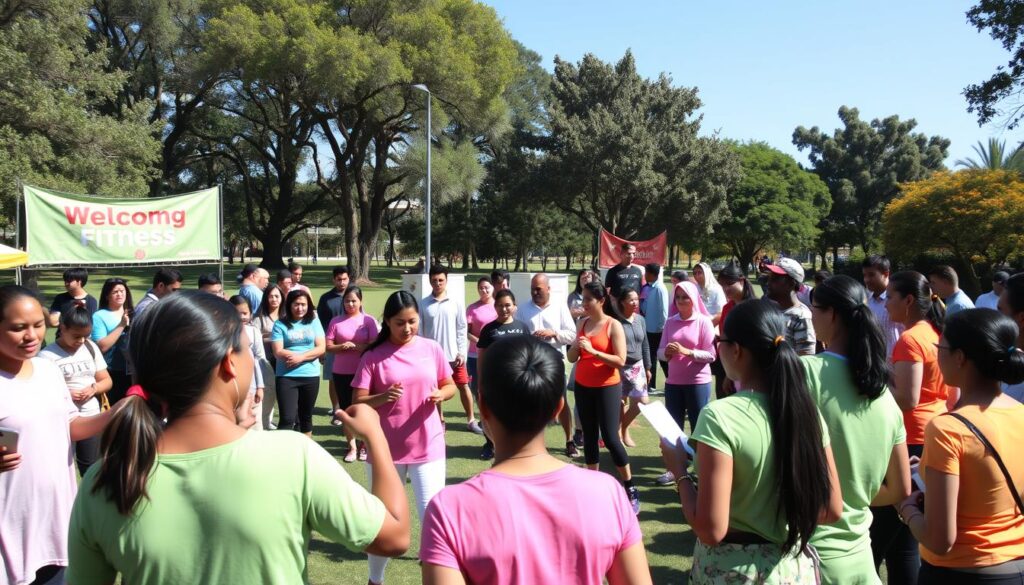 A vibrant and bustling community fitness event in an outdoor park setting, showcasing a diverse group of individuals engaged in various activities. In the foreground, a friendly facilitator is demonstrating a group exercise move to participants, all dressed in colorful, modest activewear. The middle ground features small stations where attendees are signing up for classes, engaging in group chats, and reviewing safety waivers, conveying a sense of connectedness and teamwork. In the background, trees and a clear blue sky create a welcoming atmosphere, while banners announce the event. The lighting is bright and natural, highlighting the energy and enthusiasm of participants, captured with a slight high-angle view to emphasize the sense of community and interaction. The overall mood is motivational and inviting, reflecting a supportive fitness environment.