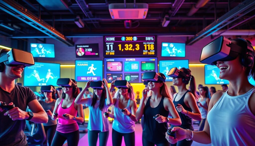 A vibrant and dynamic scene illustrating fitness gamification. In the foreground, a diverse group of individuals in professional yet casual athletic wear engaged in a lively VR cardio session, wearing headsets and using motion controllers to interact with a colorful virtual environment. The middle layer features a digital scoreboard displaying scores and achievements, with animated graphics representing fitness challenges such as running, jumping, and interval training. In the background, a high-energy gym filled with modern exercise equipment, neon lighting, and screens showing fitness apps. The atmosphere is one of excitement and motivation, with a sense of community and competition. Soft, glowing light emits from screens, casting an inviting ambiance on the participants as they immerse themselves in their workouts.