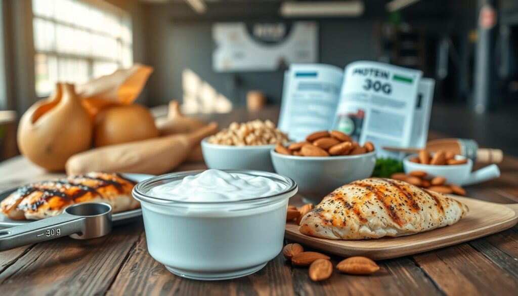 A vibrant image illustrating "protein intake" in the context of sports nutrition habits. In the foreground, showcase a well-organized meal prep scene with various protein-rich foods: a perfectly grilled chicken breast, a bowl of quinoa, Greek yogurt, and a handful of almonds, all artistically arranged on a rustic wooden table. In the middle ground, include subtle elements like a measuring scoop with 30g of protein powder and a nutritional guide open to highlight quick protein options. The background features a softly blurred gym environment, evoking an active lifestyle. Use natural lighting to create a warm and inviting atmosphere, emphasizing textures of the food. Capture the scene from a slightly overhead angle, with a shallow depth of field to draw focus on the protein items while suggesting a sense of energy and motivation. A vibrant image illustrating "protein intake" in the context of sports nutrition habits. In the foreground, showcase a well-organized meal prep scene with various protein-rich foods: a perfectly grilled chicken breast, a bowl of quinoa, Greek yogurt, and a handful of almonds, all artistically arranged on a rustic wooden table. In the middle ground, include subtle elements like a measuring scoop with 30g of protein powder and a nutritional guide open to highlight quick protein options. The background features a softly blurred gym environment, evoking an active lifestyle. Use natural lighting to create a warm and inviting atmosphere, emphasizing textures of the food. Capture the scene from a slightly overhead angle, with a shallow depth of field to draw focus on the protein items while suggesting a sense of energy and motivation.