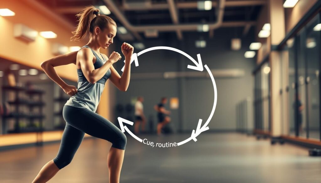 A visually striking representation of a "habit loop" in the context of sport training. In the foreground, an athlete in modest athletic wear performs a dynamic exercise, symbolizing the routine phase, surrounded by subtle icons or symbols that represent cues such as alarm clocks or training schedules. The middle ground features a series of circular arrows that creatively illustrate the continuous cycle of cue, routine, and reward. In the background, a soft, blurred gym environment creates an atmosphere of focus and dedication, with warm, motivating lighting that enhances the feeling of energy and commitment to fitness. The overall composition should reflect an engaging, professional style, suitable for an educational context, emphasizing the psychology behind habit formation in fitness routines.