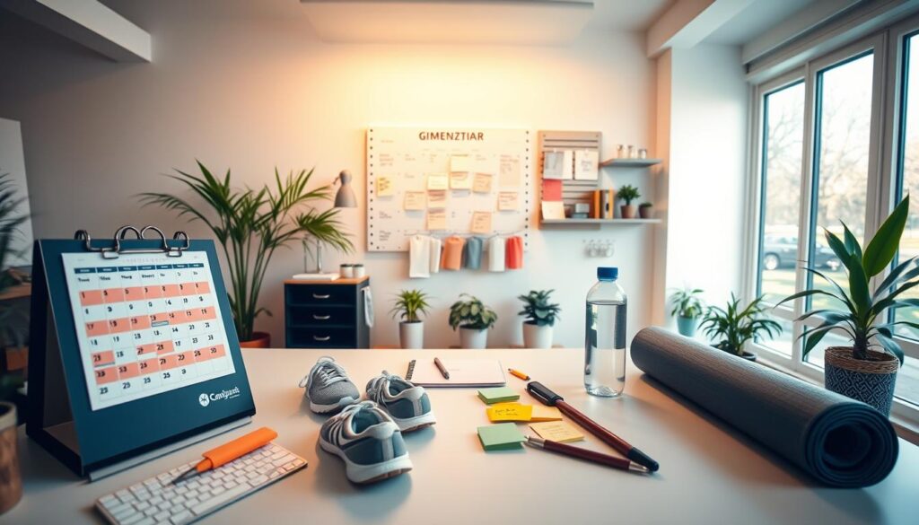 A well-organized workspace designed for habit success, featuring a clean desk with a calendar and sticky notes for reminders in the foreground. On the desk, neatly arranged workout gear such as sneakers, a yoga mat, and a water bottle are staged to encourage an active lifestyle. In the middle ground, a bright and visually appealing wall-mounted organization system displays a schedule and motivational quotes. The background showcases a sunlit room with large windows, allowing natural light to flood in, enhancing positivity and energy. A few plants add a touch of green for freshness. The atmosphere is inspiring and focused, inviting productivity and routine adherence. The image should have soft, ambient lighting to create a warm yet efficient mood, captured at eye level with a wide-angle lens for an inviting feel.