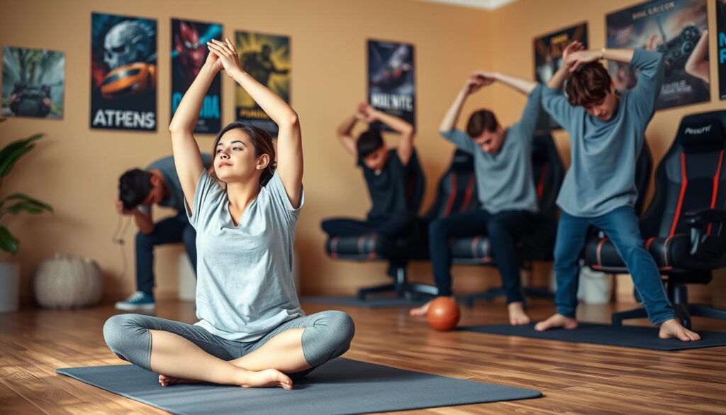 A cozy indoor gaming setup featuring a diverse group of gamers in modest casual clothing performing a stretching routine. In the foreground, a young woman extends her arms upward while sitting cross-legged on a yoga mat, focusing on deep breathing. To her left, a young man leans forward, reaching for his toes, promoting flexibility. In the middle ground, another gamer gently twists their torso, engaged in a side stretch. The background includes a warm, softly lit room decorated with gaming posters and plush gaming chairs, creating an inviting atmosphere. Use a soft focus lens with natural, diffused lighting to emphasize the routine's calming nature. The overall mood conveys relaxation and wellness, highlighting the importance of stretching for gamers.