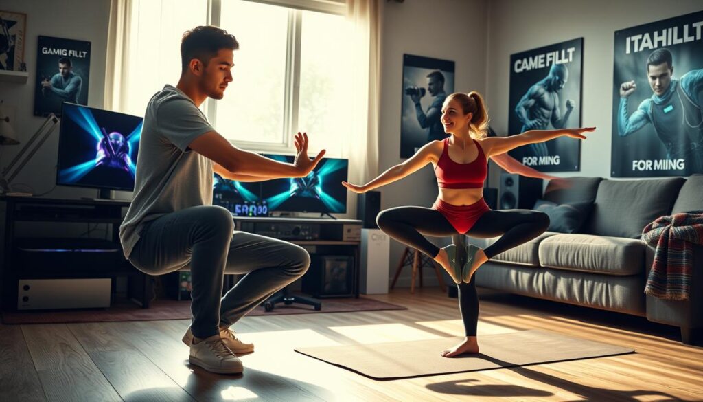 A dynamic scene illustrating "gaming flexibility" with two gamers in a cozy, well-lit room. In the foreground, a young man in comfortable casual clothing, engaged in a seated stretch, displaying his improved posture and flexibility. Beside him, a young woman, also in modest casual wear, equilibrates on a yoga mat, demonstrating a balanced stretch. In the middle ground, a gaming setup with modern consoles, colorful LED lights reflecting an energetic vibe. The background features motivational posters of fitness and gaming, creating an inspiring atmosphere. Soft, natural light streams through a window, casting a warm glow over the scene, emphasizing the transformation and dedication of these gamers to their physical health. The overall mood is upbeat and encouraging, highlighting the importance of stretching for gamers.