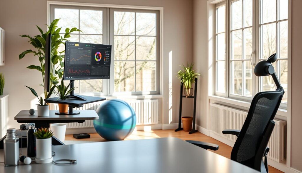 A bright and inviting healthy workspace designed for gamers, showcasing a modern desk setup in the foreground. The desk is clutter-free, featuring ergonomic accessories like a standing desk converter and a supportive chair. A green plant adds a touch of nature, while a sleek monitor displays performance metrics. In the middle ground, a cozy exercise ball and resistance bands suggest easy routines for staying active, emphasizing movement. The background features large windows with natural light streaming in, casting soft shadows and creating a warm atmosphere. The overall mood is inspiring and productive, evoking a sense of wellness and focus in a professional yet casual environment. The lighting is bright and uplifting, capturing an ideal workspace for gaming and fitness.