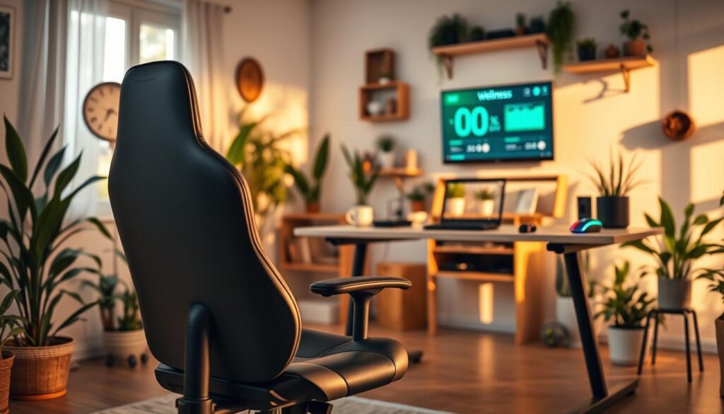 A bright and inviting home gaming setup focusing on health and fitness. In the foreground, a sleek modern gaming chair with adjustable features is displayed alongside a standing desk, showcasing ergonomic design. The middle layer highlights smart gadgets like an AI health monitor, a fitness tracker, and a colorful gaming mouse, all emphasizing the connection between gaming and well-being. In the background, a cheerful room filled with plants, natural light streaming through a window, and a wall-mounted screen displaying wellness stats creates a motivational atmosphere. Use soft, warm lighting to enhance the mood, capturing a sense of balance between technology and lifestyle in a cozy yet active gaming space. The scene should evoke a feeling of productivity and health consciousness in gamers, with no text or distractions.