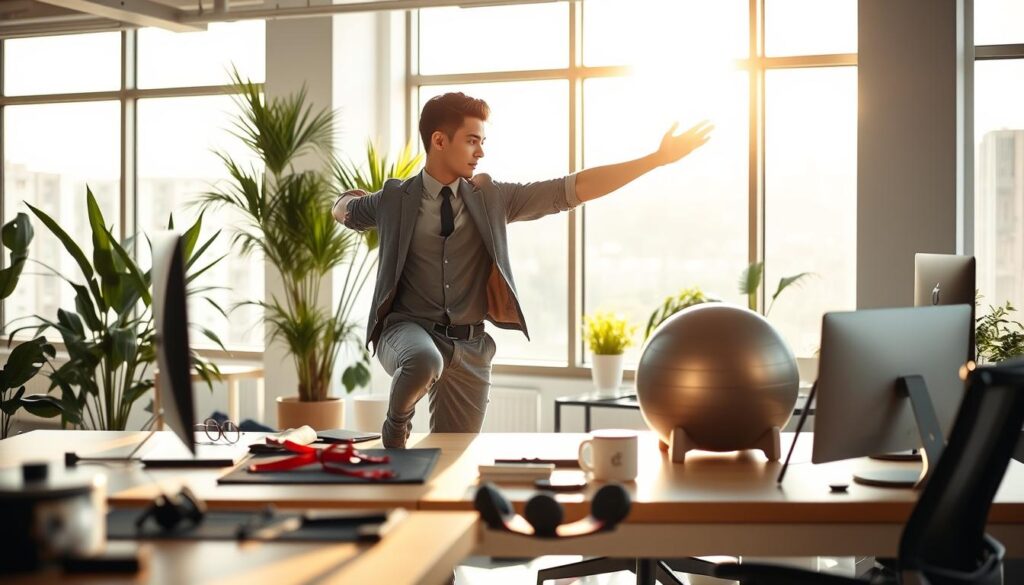 A bright and modern office space featuring a desk with fitness equipment integrated into the environment. In the foreground, a fit young person in professional casual attire performs a stretching routine, enhanced with dynamic poses that showcase flexibility and strength. In the middle ground, various desk fitness items like resistance bands, a balance ball, and ergonomic accessories are prominently displayed. The background displays large windows flooding the space with natural light, emphasizing an uplifting mood. Soft shadows from indoor plants create a serene yet motivating atmosphere. The scene is shot from a slightly elevated angle, adding depth to the workspace, while maintaining focus on the individual’s positive engagement with desk fitness. The overall lighting is warm, inviting, and conducive to productivity and wellness.