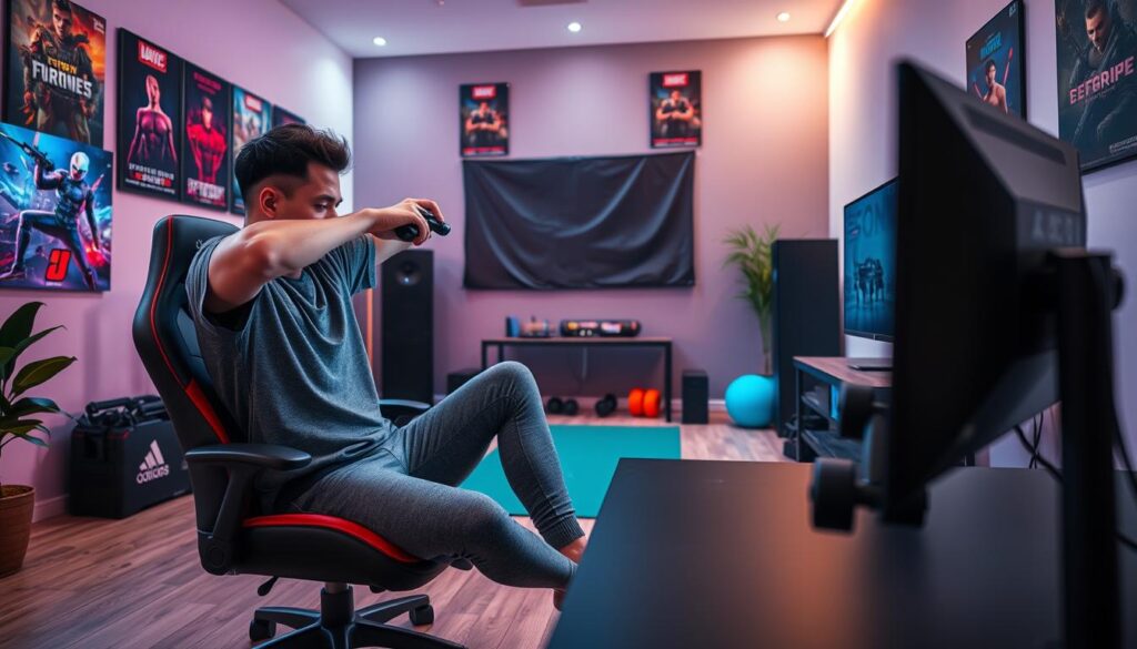 A dynamic gaming setup that seamlessly integrates fitness and gaming. In the foreground, a gamer in comfortable, modest athletic clothing performs a quick stretch while seated at a high-tech gaming desk. The gamer appears focused and energized, their gaming controller poised in one hand. In the middle, a vibrant, well-organized gaming space is filled with exercise equipment like dumbbells and a yoga mat, emphasizing the blend of fitness and gaming. The background features a wall adorned with gaming posters, dimly lit to create an atmospheric contrast, while soft ambient lighting highlights the scene. The angle captures both the action of stretching and the inviting gaming environment, conveying a motivating and energetic mood that inspires gamers to prioritize their health while enjoying their favorite hobby.