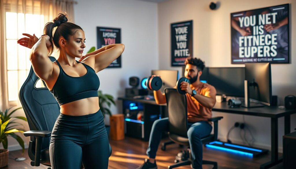 A dynamic indoor scene featuring a diverse group of professional gamers engaging in fitness exercises tailored for their gaming lifestyle. In the foreground, a focused young woman in stylish exercise gear performs a stretching routine next to a gaming chair. In the middle ground, a man lifts a set of dumbbells while seated in front of multiple monitors, showcasing a hybrid of gaming and fitness. The background reveals a stylish gaming setup with LED lights and gaming paraphernalia. Soft, natural lighting illuminates the room, casting a warm glow, while a motivational poster on the wall adds an energetic vibe. The atmosphere is vibrant and inspiring, promoting balance between gaming and staying fit.