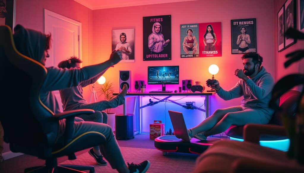 A dynamic scene depicting a cozy gaming setup, where a diverse group of gamers, wearing comfortable and modest casual clothing, are engaged in various fitness activities while gaming. In the foreground, one gamer is doing stretches beside an ergonomic gaming chair, while another is using a balance board while holding a game controller. The middle ground features a vibrant setup with neon RGB lights illuminating a gaming desk, adorned with a gaming laptop, nutritional snacks, and fitness gear. In the background, a wall displays motivational fitness posters. The lighting is warm and inviting, creating a productive atmosphere. The perspective is slightly angled to add depth, enhancing the sense of activity and integration of fitness into gaming. The overall mood is energetic and inspiring, encouraging a healthy lifestyle for gamers.