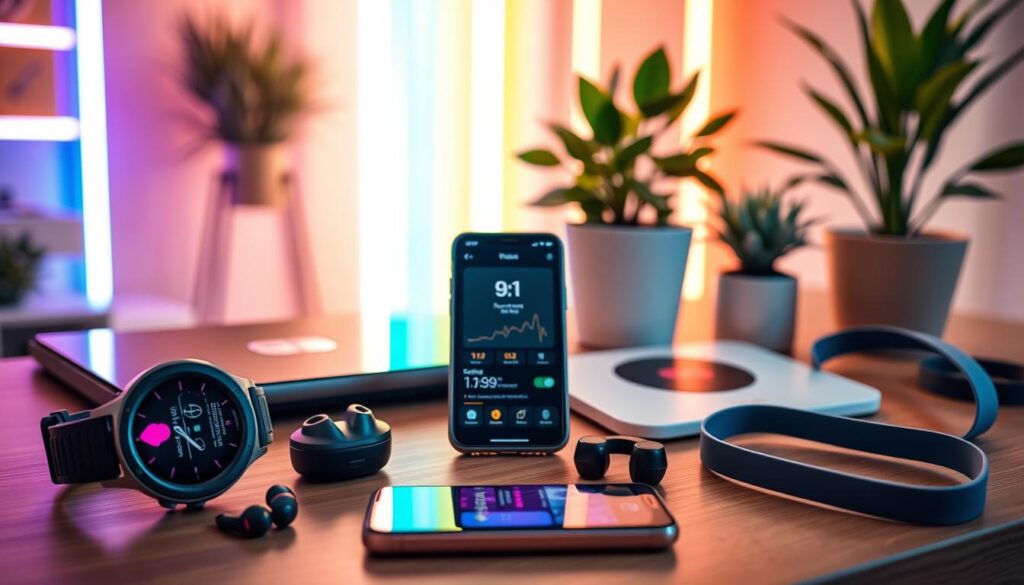 A modern fitness workstation showcasing various fitness tracking tools. In the foreground, there are a sleek smart watch displaying heart rate and calories burned, wireless earbuds for workouts, and a smartphone with a fitness app open. The middle ground features a digital scale that syncs with mobile devices, and resistance bands with fitness tracking features. In the background, a soft-lit room with colorful LED light strips creates a cozy atmosphere, emphasizing a tech-savvy workout environment. A few potted plants add a touch of nature. The lighting is warm and inviting, creating a focused yet relaxed mood, captured from a slightly elevated angle to encompass the entire array of tools neatly arranged on a wooden desk.