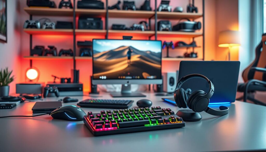 A modern gaming setup featuring a variety of innovative technology gadgets spread across a sleek desk. Foreground: a high-tech gaming mouse with customizable RGB lighting, a mechanical keyboard with dynamic backlighting, and a wireless headset with a futuristic design, all displaying vibrant colors. Middle ground: a powerful gaming laptop with a sleek chassis and a large gaming monitor displaying an immersive scene. Background: a well-organized shelf filled with game consoles, VR headsets, and fitness-related gadgets like an activity tracker and ergonomic gaming chair. Use soft, ambient lighting to create a warm, engaging atmosphere, emphasizing the blend of gaming and an active lifestyle. Capture the scene from a slightly elevated angle to showcase the gadgets in detail while maintaining a clean and modern aesthetic. A modern gaming setup featuring a variety of innovative technology gadgets spread across a sleek desk. Foreground: a high-tech gaming mouse with customizable RGB lighting, a mechanical keyboard with dynamic backlighting, and a wireless headset with a futuristic design, all displaying vibrant colors. Middle ground: a powerful gaming laptop with a sleek chassis and a large gaming monitor displaying an immersive scene. Background: a well-organized shelf filled with game consoles, VR headsets, and fitness-related gadgets like an activity tracker and ergonomic gaming chair. Use soft, ambient lighting to create a warm, engaging atmosphere, emphasizing the blend of gaming and an active lifestyle. Capture the scene from a slightly elevated angle to showcase the gadgets in detail while maintaining a clean and modern aesthetic.