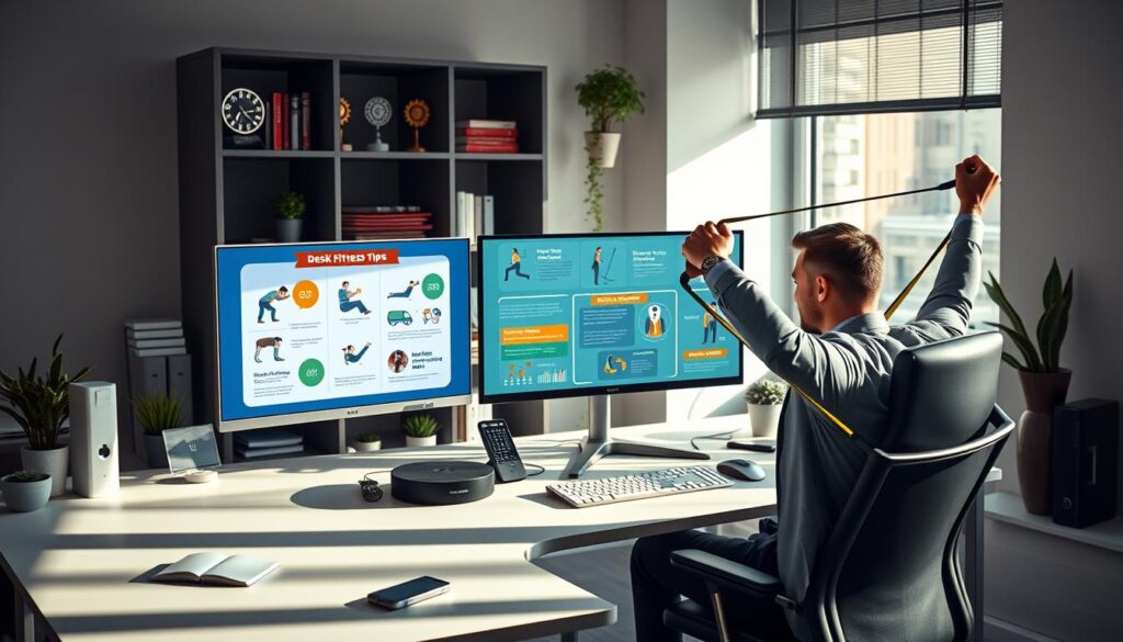 A modern office desk scene showcasing desk fitness tips for gamers, featuring a sleek, well-organized workspace. In the foreground, a professional individual in smart casual attire performs a seated workout with resistance bands, demonstrating an engaging fitness posture. In the middle, colorful infographics and illustrations of stretching exercises and ergonomic tips are displayed on a large monitor. The background shows a stylish bookshelf with gaming awards and plants, enhancing the vibrant yet calm atmosphere. Soft, natural lighting filters through a nearby window, casting gentle shadows that add warmth to the scene. The overall mood is motivating and energetic, promoting an active lifestyle for deskbound gamers.