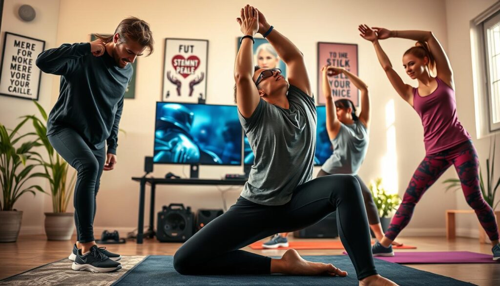 A vibrant and dynamic scene depicting the concept of "gaming flexibility." In the foreground, a diverse group of gamers, both male and female, dressed in comfortable athletic wear, are performing various stretching exercises. One is leaning forward to touch their toes, while another is doing a standing quad stretch, conveying focus and concentration. In the middle ground, a gaming setup featuring high-tech monitors and gaming accessories can be seen, subtly highlighting the gaming context. The background includes a softly lit room with motivational posters and a green plant, creating an inviting atmosphere. Natural light filters in from a window, casting warm tones. The overall mood is energetic and encouraging, reflecting the benefits of regular stretching for gamers to enhance performance and prevent injury. A vibrant and dynamic scene depicting the concept of "gaming flexibility." In the foreground, a diverse group of gamers, both male and female, dressed in comfortable athletic wear, are performing various stretching exercises. One is leaning forward to touch their toes, while another is doing a standing quad stretch, conveying focus and concentration. In the middle ground, a gaming setup featuring high-tech monitors and gaming accessories can be seen, subtly highlighting the gaming context. The background includes a softly lit room with motivational posters and a green plant, creating an inviting atmosphere. Natural light filters in from a window, casting warm tones. The overall mood is energetic and encouraging, reflecting the benefits of regular stretching for gamers to enhance performance and prevent injury.