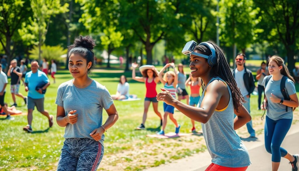 A vibrant outdoor scene showcasing a diverse group of young adults engaging in outdoor fitness gaming. In the foreground, depict two individuals playing an augmented reality game that involves physical movement, such as jogging or stretching, while actively interacting with digital elements. In the middle ground, include others participating in different activities like yoga and frisbee, blending technology and nature. The background should feature a sunny park with lush green trees, open spaces, and friendly spectators enjoying the day. Use bright, natural lighting to create an uplifting and energetic atmosphere. Capture the scene from a slightly elevated angle to encompass the dynamic setting, emphasizing the harmony between fitness and gaming. A vibrant outdoor scene showcasing a diverse group of young adults engaging in outdoor fitness gaming. In the foreground, depict two individuals playing an augmented reality game that involves physical movement, such as jogging or stretching, while actively interacting with digital elements. In the middle ground, include others participating in different activities like yoga and frisbee, blending technology and nature. The background should feature a sunny park with lush green trees, open spaces, and friendly spectators enjoying the day. Use bright, natural lighting to create an uplifting and energetic atmosphere. Capture the scene from a slightly elevated angle to encompass the dynamic setting, emphasizing the harmony between fitness and gaming.