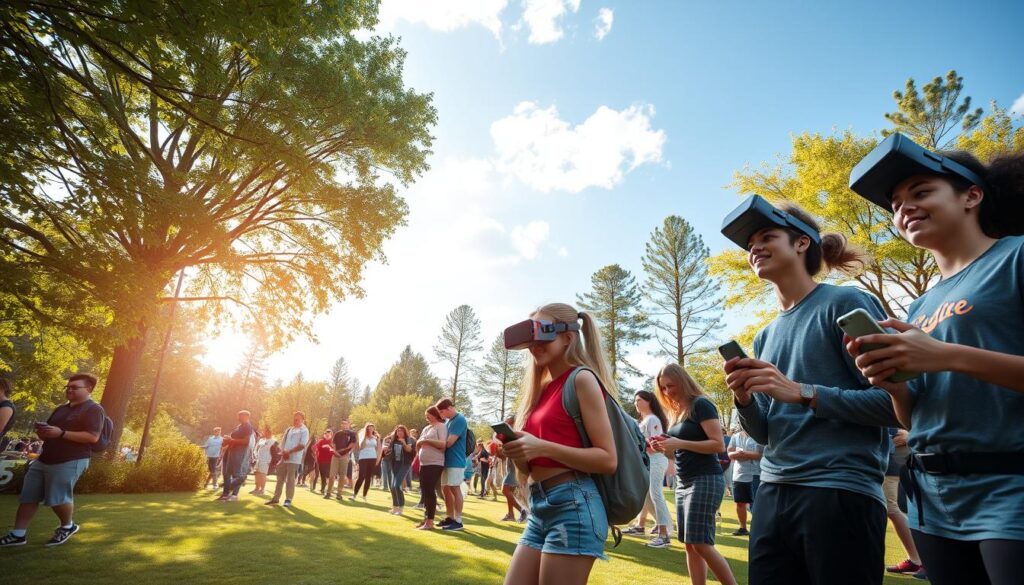 A vibrant outdoor scene showcasing diverse gaming activities in a park setting. In the foreground, a group of diverse young adults, dressed in casual and sporty clothing, are engaged in an interactive outdoor video game utilizing handheld devices. In the middle ground, a larger gathering features people playing immersive augmented reality games, with some participants wearing light backpacks filled with gaming gear. The background includes lush greenery, tall trees, and a bright blue sky dotted with fluffy white clouds, enhancing the lively atmosphere. Soft, warm sunlight filters through the leaves, creating a cheerful and inviting mood. The angle captures the joy of outdoor gaming while emphasizing the blend of technology and nature in an engaging and dynamic way.