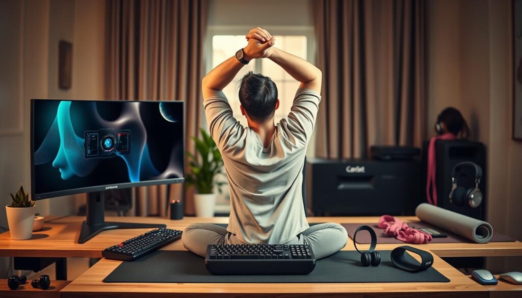 A visually striking gaming desk scene featuring a well-organized workspace designed for desk fitness. In the foreground, a person in comfortable yet professional attire performs a seated stretch, with their hands reaching overhead, promoting good posture and flexibility. On the desk, gaming equipment like a sleek gaming monitor, ergonomic keyboard, and a variety of fitness accessories such as resistance bands and a yoga mat are arranged neatly. In the middle ground, a potted plant adds a touch of greenery, enhancing the atmosphere of wellness and productivity. The background includes a softly lit room with warm, inviting colors, complemented by natural light streaming through a window. The overall mood conveys a balance between gaming passion and healthy desk routines, inspiring a sense of motivation and activity.