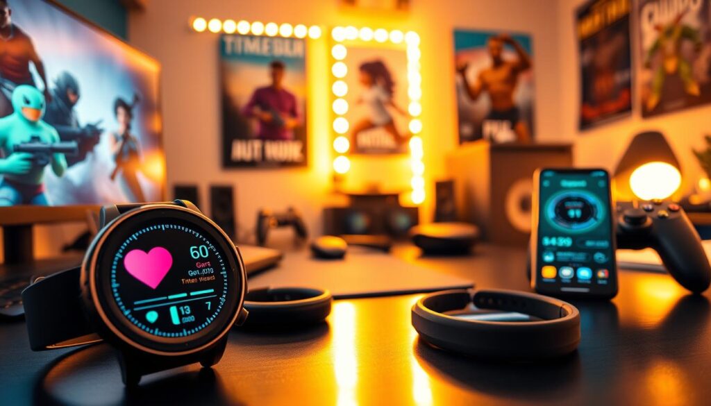 A well-organized workspace showcasing a variety of fitness tracking tools designed for gamers. In the foreground, highlight a smartwatch with a vibrant display showing heart rate and activity stats, alongside a sleek fitness tracker band. The middle ground features a gaming console and a smartphone with a fitness app open, displaying progress and achievements. In the background, a cozy gaming setup with LED lights creates an inviting atmosphere, accompanied by posters of popular games. The lighting is warm, emphasizing the technology while maintaining a relaxed vibe. Capture the image from a slightly elevated angle to provide depth, focusing on the integration of fitness and gaming, evoking a motivational and positive mood for health-conscious gamers.