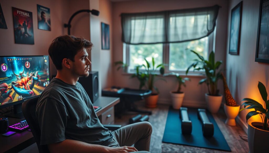 A cozy gaming room showcasing a dedicated gamer’s transformation into an active lifestyle. **Foreground:** A focused individual in modest casual attire, seated at a gaming desk with a high-tech gaming setup, including a colorful RGB keyboard and dual monitors displaying vibrant game scenes. **Middle:** Various fitness equipment like dumbbells and a yoga mat are artfully arranged near the desk, symbolizing the balance between gaming and physical activity. **Background:** A bright window allowing natural light to flood the room, plants in the corner, and motivational posters on the walls, creating an uplifting atmosphere. The overall mood is energetic yet inviting, capturing the essence of a digital athlete’s journey towards an active lifestyle, with soft warm lighting that emphasizes the comfort of the space.