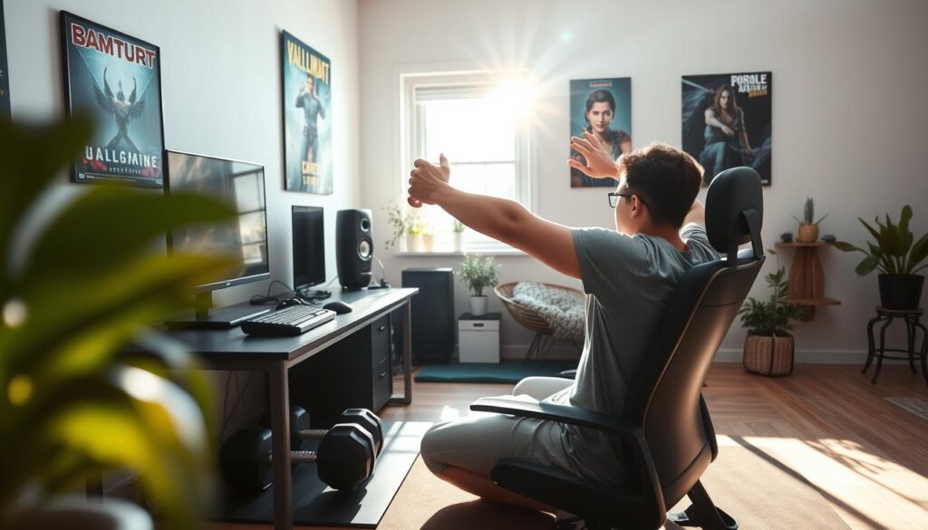 A cozy gaming setup in a stylish, well-lit room. In the foreground, a focused gamer in modest casual clothing sits at a desk, engaged in a game while stretching their arms to emphasize activity. In the middle, fitness equipment like dumbbells and a yoga mat is included next to the desk, highlighting a balance of gaming and physical health. Sunlight streams through a window, casting warm rays that enhance the inviting ambiance. In the background, game posters and a few houseplants create a personalized, inspiring atmosphere. The image captures a sense of motivation and balance between digital engagement and active living, demonstrating the importance of setting realistic activity goals for gamers.