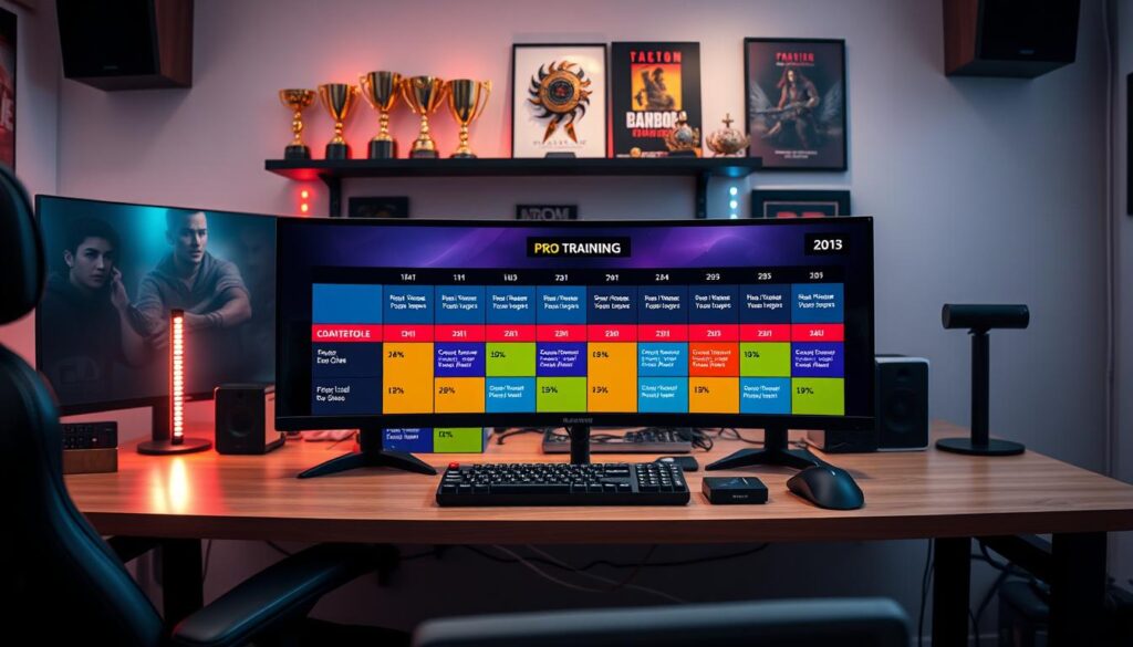 A detailed desk in a well-lit gaming room, featuring a high-end gaming setup including dual monitors, an ergonomic chair, and a mechanical keyboard. The focus is on a colorful, organized training schedule prominently displayed on the desk, showcasing specific time blocks for practice, strategy sessions, physical exercise, and rest. In the background, a shelf lined with gaming trophies and motivational posters creates an inspiring atmosphere. Soft, ambient lighting from LED strips enhances the vibrant colors of the gaming gear, creating a professional yet intense mood. The scene captures a glimpse into the disciplined routine of a pro gamer, emphasizing focus, strategy, and dedication. No people are present in the image, allowing the viewer to fully appreciate the training environment.