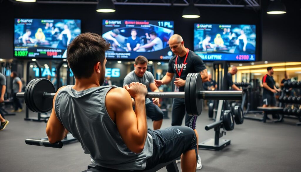 A dynamic esports athlete engaging in fitness challenges in a modern gym setting. In the foreground, a focused esports player in casual athletic wear performs a bench press, showcasing strength and determination. In the middle ground, a trainer guides another player, while various gym equipment such as dumbbells and resistance bands are visible, illustrating a blend of physical and mental training. The background features large screens displaying gaming stats and live footage, highlighting the connection between fitness and gaming performance. Soft, energetic lighting illuminates the scene, enhancing the motivational atmosphere. The composition should evoke dedication and intensity, reflecting the rigorous routines esports athletes undergo to maintain peak performance.