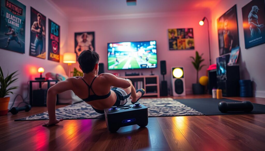 A dynamic scene showcasing a person in modest athletic wear, actively engaging in a fitness routine while gaming. In the foreground, the individual is doing push-ups with a gaming console nearby, displaying a balance of physical and virtual activity. In the middle ground, a colorful gaming environment features a large screen displaying an exciting game, with interactive elements like glowing controllers. The background includes a lively room decorated with gaming posters and fitness equipment, such as dumbbells and a yoga mat. Soft, ambient lighting enhances the energetic yet cozy atmosphere, creating a sense of motivation and focus. The angle of the shot is slightly elevated, capturing both the gaming setup and the workout area. The overall mood is vibrant and inspirational, reflecting the synergy between fitness and gaming.