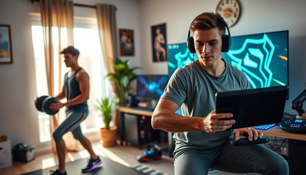 A dynamic split-scene image illustrating a fitness and gaming routine. In the foreground, a young adult in modest athletic wear is engaged in a workout, lifting weights with focused determination. In the middle background, a sleek gaming setup with dual monitors and vibrant LED lights captures the essence of gaming, showcasing a pro-gamer in comfortable casual attire, intensely focused on their screen. The background features a cozy room with a mix of fitness gear and gaming paraphernalia, creating a harmonious blend of both worlds. Soft, natural lighting streams in from a window, casting a warm glow, creating an inviting atmosphere. The angle should capture both activities simultaneously, expressing balance, energy, and dedication in a well-rounded lifestyle. A dynamic split-scene image illustrating a fitness and gaming routine. In the foreground, a young adult in modest athletic wear is engaged in a workout, lifting weights with focused determination. In the middle background, a sleek gaming setup with dual monitors and vibrant LED lights captures the essence of gaming, showcasing a pro-gamer in comfortable casual attire, intensely focused on their screen. The background features a cozy room with a mix of fitness gear and gaming paraphernalia, creating a harmonious blend of both worlds. Soft, natural lighting streams in from a window, casting a warm glow, creating an inviting atmosphere. The angle should capture both activities simultaneously, expressing balance, energy, and dedication in a well-rounded lifestyle.