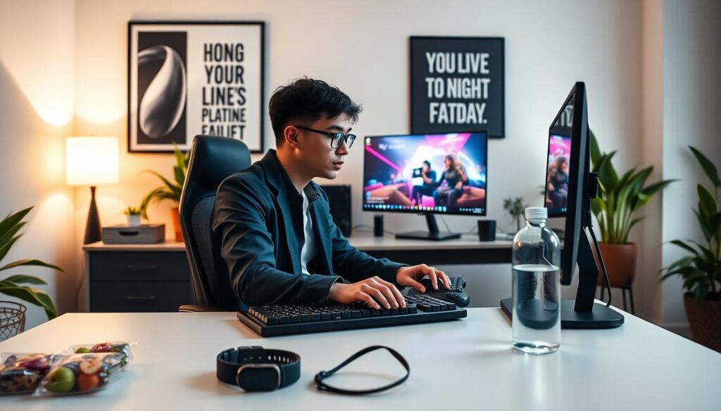 A focused gamer sitting at a stylish desk in a well-lit room, surrounded by healthy snacks and a water bottle, showcasing an active lifestyle. The foreground features a neatly organized workspace with gaming gear, such as a high-end gaming mouse and keyboard, alongside a fitness tracker. In the middle, the gamer, dressed in casual yet professional attire, is intensely engaging with a vibrant screen displaying a gaming scene. The background reveals a motivational poster on the wall, plants for a touch of nature, and soft ambient lighting creating an inviting atmosphere. The overall mood conveys determination and balance between gaming and health, captured from a slightly elevated angle to emphasize the transformation towards an active lifestyle.