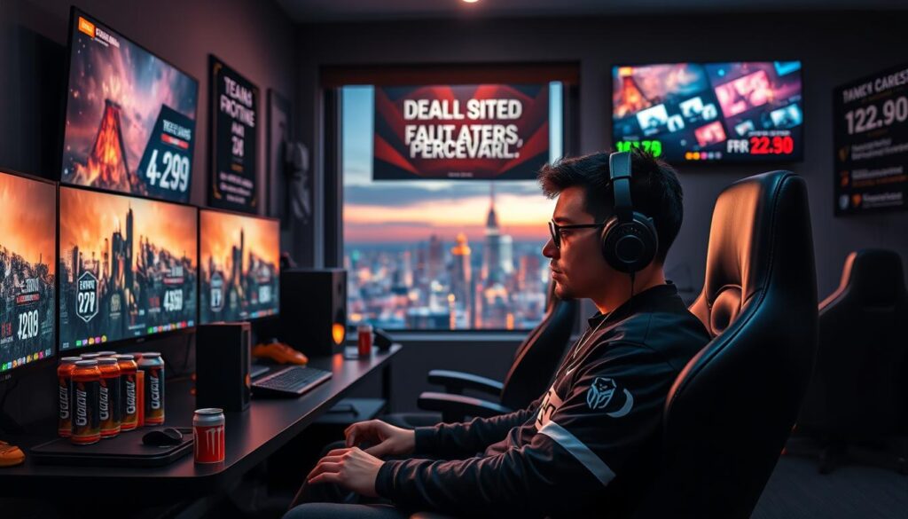 A focused professional eSports athlete in a well-lit gaming room, surrounded by high-tech gaming equipment and large monitors displaying game statistics. In the foreground, the athlete sits in an ergonomic gaming chair, wearing a stylish team jersey and headphones, concentrating intently on their gameplay. The middle ground features a sleek gaming desk cluttered with energy drinks and motivational posters on the wall about teamwork and perseverance. In the background, a window shows a vibrant cityscape at dusk, casting a warm glow over the scene. The overall atmosphere is energetic and intense, highlighting the rigorous training routine and dedication required in the world of competitive gaming. The image conveys a sense of focus, discipline, and the advanced technology that supports the athlete's performance.