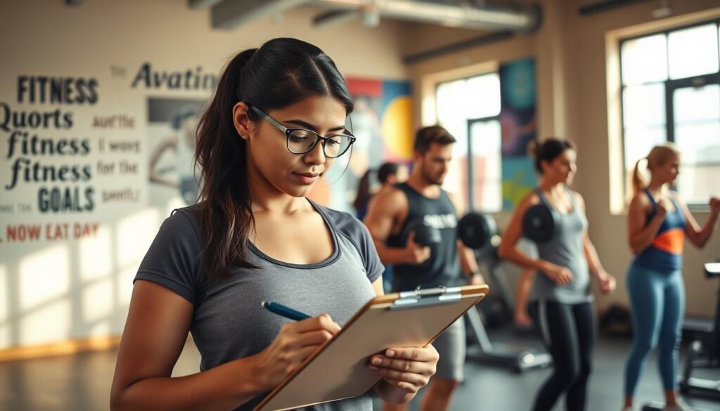 A focused scene featuring a diverse group of individuals in a well-lit gym setting, each engaged in various types of fitness activities. In the foreground, a woman in modest athletic wear is jotting down her fitness goals on a clipboard, embodying determination and clarity. In the middle ground, a couple is seen working out together, encouraging each other as they lift weights, promoting camaraderie and support. The background shows a wall decorated with motivational fitness quotes and a vibrant mural of active sports, enhancing the atmosphere of ambition. Soft, natural lighting filters through large windows, creating a warm and inviting vibe. The overall mood is inspiring and uplifting, emphasizing the importance of setting achievable fitness goals in a supportive environment.