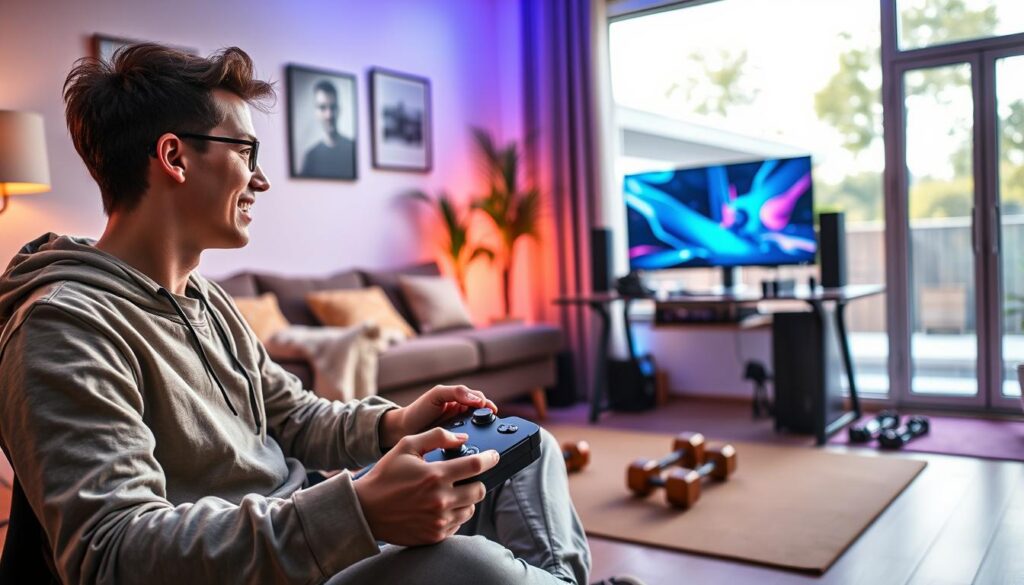A vibrant gaming lifestyle scene set in a stylish living room. In the foreground, a young adult dressed in comfortable, casual attire is playing a video game on a modern console, with an intense yet focused expression. The middle ground features a cozy gaming desk with a state-of-the-art gaming monitor, colorful LED lights illuminating the area, and fitness gear like dumbbells and a yoga mat nearby, symbolizing the balance between gaming and physical activity. In the background, a large window reveals a sunny outdoor space, hinting at an active lifestyle outside the room. Soft, warm lighting enhances the inviting atmosphere, creating a harmonious blend of relaxation and focus. The scene conveys a sense of balance and enjoyment, reflecting the dual interests of gaming and fitness. A vibrant gaming lifestyle scene set in a stylish living room. In the foreground, a young adult dressed in comfortable, casual attire is playing a video game on a modern console, with an intense yet focused expression. The middle ground features a cozy gaming desk with a state-of-the-art gaming monitor, colorful LED lights illuminating the area, and fitness gear like dumbbells and a yoga mat nearby, symbolizing the balance between gaming and physical activity. In the background, a large window reveals a sunny outdoor space, hinting at an active lifestyle outside the room. Soft, warm lighting enhances the inviting atmosphere, creating a harmonious blend of relaxation and focus. The scene conveys a sense of balance and enjoyment, reflecting the dual interests of gaming and fitness.