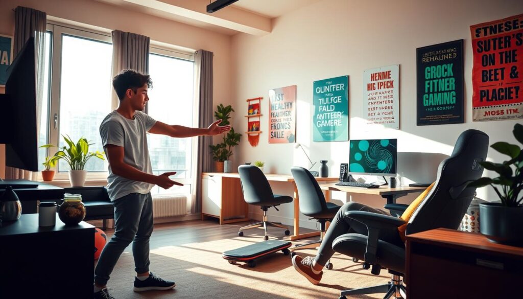 A vibrant gaming room designed for a healthier lifestyle, featuring a modern gaming setup with ergonomic furniture. In the foreground, a young adult wearing comfortable, casual athletic wear is engaged in gaming while participating in light exercises like stretching or using a balance board. The middle ground showcases a desk with a plant, a water bottle, and healthy snacks, reinforcing sustainable habits. In the background, a large window allows natural light to flood the room, and posters of fitness reminders and motivational quotes adorn the walls. The overall mood is energizing and uplifting, with soft, natural lighting casting gentle shadows, creating a sense of balance between gaming and well-being. The angle captures a dynamic perspective, encouraging viewers to consider a healthy gaming lifestyle.