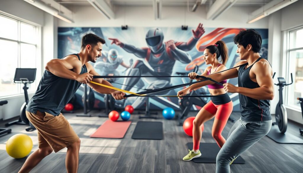 A vibrant gym setting showcasing esports athletes engaging in various fitness challenges. In the foreground, a diverse group of two male and one female athlete, all dressed in comfortable athletic gear, are competing in a friendly tug-of-war with resistance bands, showcasing strength and determination. In the middle, fitness equipment like medicine balls, yoga mats, and exercise bikes are spread out, illustrating a well-equipped workout area. The background features a large mural of video game graphics, adding an energetic atmosphere. Soft, natural lighting filters through large windows, creating a motivational ambiance. The scene captures a sense of camaraderie and dedication, highlighting the unique intersection of fitness and gaming culture.