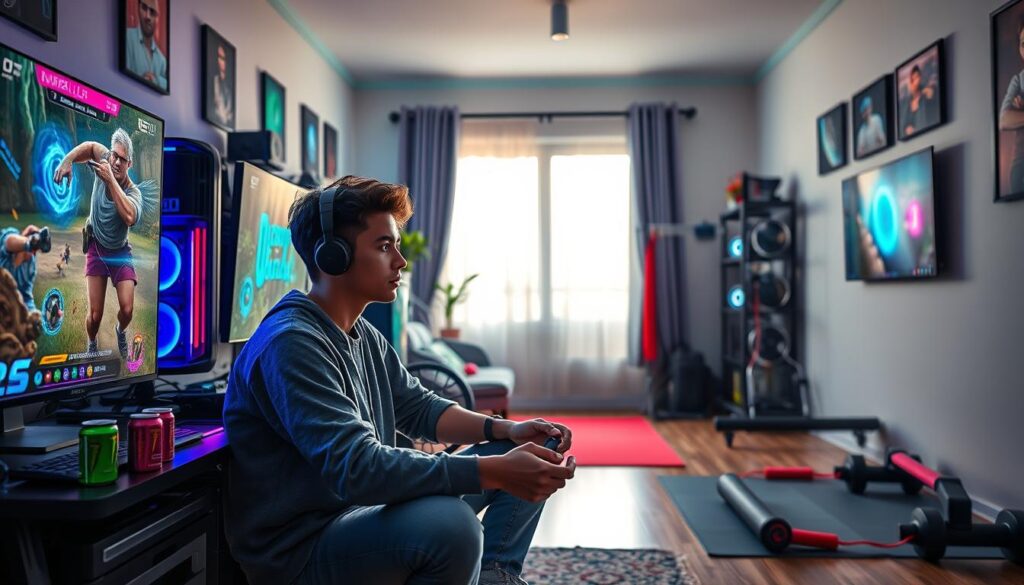 A vibrant indoor gaming setup located in a cozy room, showcasing a well-organized gaming station with a high-end gaming PC, multiple monitors displaying immersive game graphics, and RGB lighting creating a dynamic ambiance. In the foreground, a young adult in comfortable, modest casual clothing is intensely focused on a video game, with energy drinks and healthy snacks nearby. The middle ground captures a small fitness area with resistance bands and weights, reflecting the balance between gaming and physical activity. The background features a large window with soft daylight streaming in, illuminating the scene and creating a relaxed yet energetic atmosphere. The overall mood is motivational and inspiring, emphasizing the harmony of gaming and fitness in one's lifestyle.