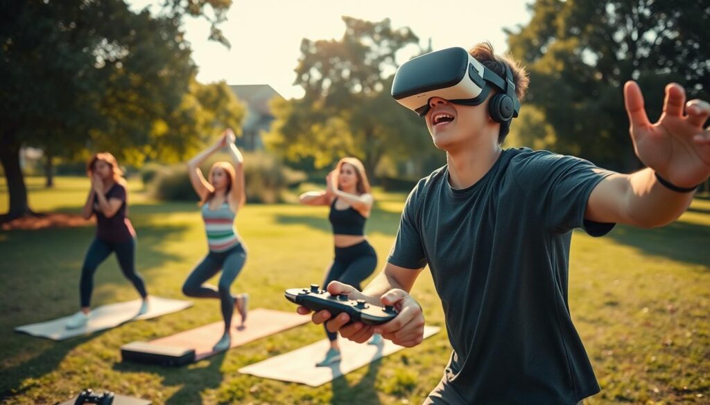 A vibrant scene depicting an active lifestyle for gamers, featuring a diverse group of individuals engaged in various fitness activities while incorporating gaming elements. In the foreground, a young man wearing a stylish, casual athleisure outfit is energetically playing a VR game in a park, headset on and an expression of excitement. In the middle ground, two women in modest workout gear are performing yoga poses, with gaming consoles and controllers placed thoughtfully nearby. The background features a lush green landscape with trees and a clear sky, bathed in warm afternoon sunlight, creating an invigorating atmosphere. The angle captures a dynamic perspective, emphasizing movement and energy, suitable for highlighting the intersection of gaming and an active lifestyle.