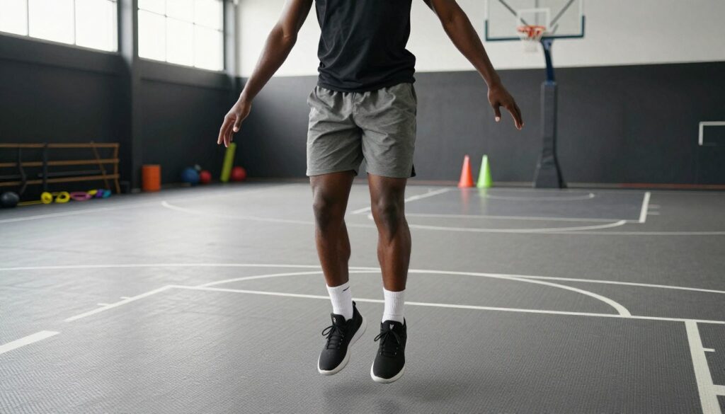 A basketball player demonstrating proper landing technique after executing a vertical jump, showcased in a gym environment. The player, clad in modest, fitted athletic gear, is in the foreground, focusing on their body posture—knees slightly bent, arms extended for balance. The middle ground features a basketball court with clear markings and a textured surface to depict a realistic training setting. In the background, there's a basketball hoop and scattered training equipment like resistance bands and cones. The image has bright, natural lighting that highlights the player's form, creating a sharp focus on their technique. The atmosphere is energetic and motivational, embodying the spirit of training and athleticism.