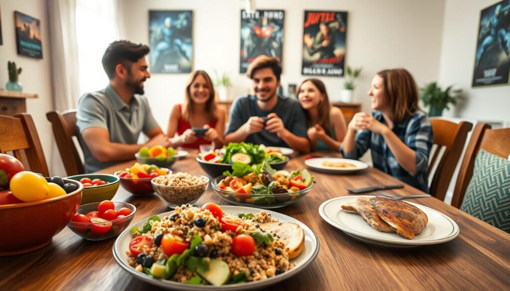 A cozy dining room featuring a vibrant, healthy gamer diet spread across a large wooden table. In the foreground, there are colorful bowls filled with fresh fruits, a quinoa salad adorned with cherry tomatoes and avocado, and a plate of grilled chicken breast. In the middle ground, a family of four, including a teenager in modest casual clothing, enjoys the meal together, sharing laughter and smiles. The background displays a warm, inviting atmosphere with soft lighting from a nearby window, along with gaming posters on the wall, hinting at a balanced life that includes both healthy eating and gaming. The camera angle is slightly elevated to capture the joyful interaction around the table, creating a sense of togetherness and support.