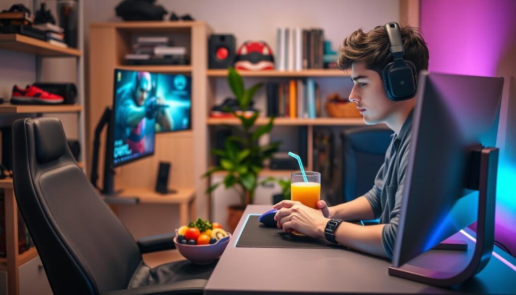 A cozy, well-lit gaming nook showcasing a gamer practicing mindful eating. In the foreground, a young adult in casual, comfortable clothing sits at a sleek gaming desk, focused on a colorful bowl of fresh fruits and a nutritious smoothie. Their gaming setup features vibrant LED lighting, a high-resolution monitor displaying a game, and ergonomic accessories. In the middle ground, a plant adds a touch of nature, symbolizing healthy living. The background includes shelves filled with gaming gear and books, creating an inviting atmosphere. Soft, diffused lighting enhances the scene's warmth, promoting a sense of balance and relaxation amidst the excitement of gaming, capturing the essence of mindful eating habits for gamers.
