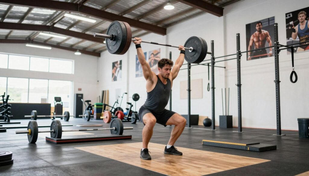 A dynamic gym scene focused on Olympic lift derivatives designed for vertical jump power development. In the foreground, a muscular athlete in modest, professional athletic wear is performing a clean and jerk, showcasing proper form and explosive movement. The middle ground features various training equipment, such as barbells, weight plates, and platforms, arranged neatly. The background displays a well-lit gym environment with high ceilings, large windows letting in natural light, and motivational posters on the walls. The atmosphere is energetic and focused, with an emphasis on strength and athleticism. The image captures a wide-angle view, enhancing the sense of space and training intensity.