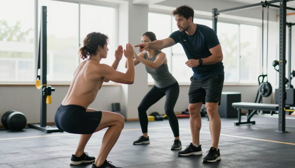 A dynamic gym setting illustrating common dryland training errors for swimmers. In the foreground, a swimmer performs an incorrect squat, demonstrating poor form with knees extending past the toes, wearing modest athletic clothing. Beside them, another individual lacks proper neck alignment during a stretching exercise. In the middle ground, a trainer provides guidance, pointing out mistakes with a concerned expression, dressed in a professional coaching outfit. The background features various training equipment like resistance bands and weights, with bright, natural lighting filtering through large windows, creating a motivating atmosphere. The image conveys a sense of focus and intention, emphasizing the importance of correct technique in dryland training.
