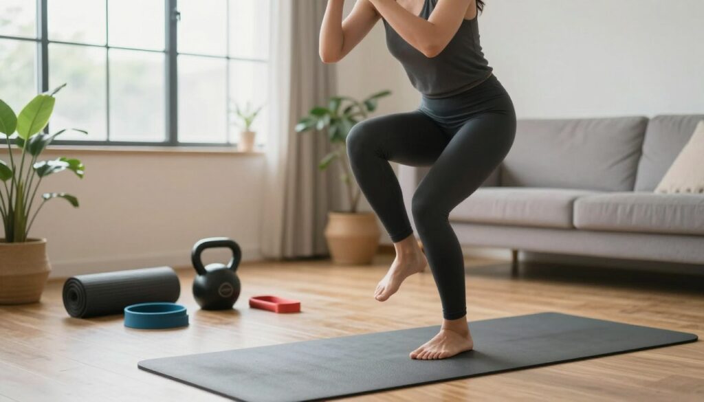 A dynamic home workout setting featuring minimal equipment for martial arts conditioning. In the foreground, a person in modest athletic wear performs a high-knees exercise, showcasing energy and focus. Their posture conveys strength and mobility, with visible determination on their face. The middle layer highlights a few pieces of home workout equipment, such as a yoga mat, resistance bands, and a kettlebell neatly arranged on a wooden floor. In the background, a softly lit living room ambiance is depicted, with a large window allowing natural light to fill the space, enhancing the energetic mood. Plants and minimalistic decor add a calming atmosphere, conveying a sense of balance between challenging workouts and a peaceful home environment. The image captures the essence of a minimal-equipment fitness journey, emphasizing strength and conditioning in a personal space.