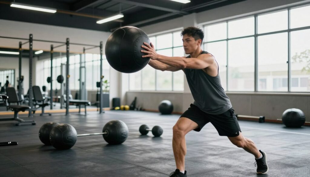 A dynamic scene of an athletic trainer performing a med ball throw for power training. In the foreground, a muscular individual in a fitted tank top and shorts displays intense focus as they launch a heavy medicine ball forward. The middle ground features well-defined weights and exercise equipment to enhance the training atmosphere. In the background, a bright training facility with high ceilings, large windows letting in natural light, and a textured rubber floor provides an optimal environment. The angle captures the motion of the throw, emphasizing strength and explosiveness. The mood is energetic and motivational, ideal for martial arts conditioning, showcasing the dedication required for effective power training.