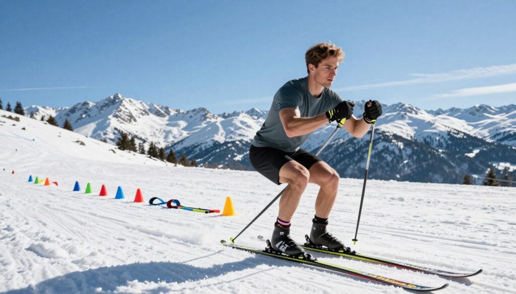 A dynamic scene of eccentric quad endurance skiing training on a snowy slope, showcasing an athletic individual in modest, performance-appropriate attire. In the foreground, the person is executing an isometric squat, with legs visibly engaged and muscles defined. The middle ground features a colorful array of training cones and resistance bands, emphasizing the intensity of the workout. In the background, majestic snow-covered mountains under a clear blue sky create an inspiring environment. The lighting is bright and natural, casting crisp shadows that enhance muscle definition. The atmosphere is energetic and focused, capturing the spirit of pre-season preparation for skiing. The angle is slightly low, highlighting the strength and determination of the skier in action.