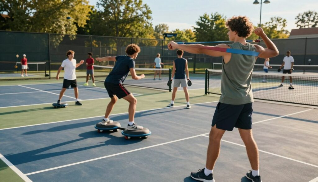 A dynamic scene showcasing a diverse group of beginner pickleball players engaged in shoulder prehab and core stability exercises on a vibrant outdoor court. In the foreground, a focused player in modest athletic wear performs shoulder stretches using resistance bands, exemplifying proper form. In the middle, two participants are engaged in core stability exercises on balance boards, showcasing concentration and teamwork, their bodies silhouetted against the warm afternoon sun. The background features a lively pickleball court with green trees and a clear blue sky, creating an energetic and motivational atmosphere. The lighting is bright and inviting, highlighting the determination on the players' faces. The angle captures a slight overhead view, emphasizing the importance of posture and movement in their routines.