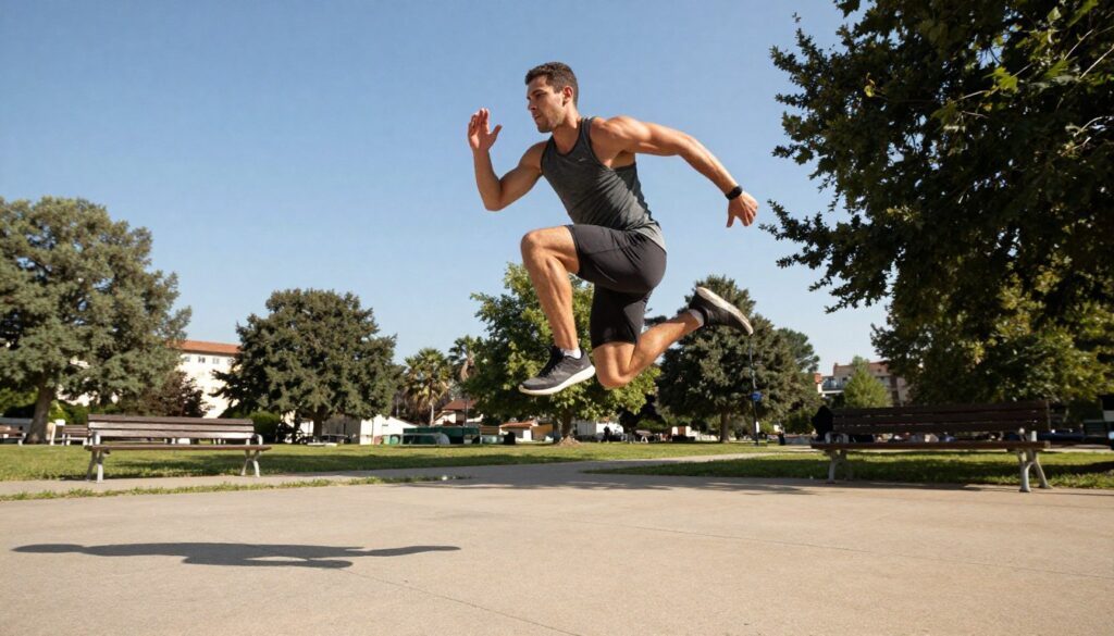 A dynamic scene showcasing a runner performing powerful plyometric jumps in an open urban park. In the foreground, a focused athlete, clad in a fitted athletic outfit, leaps into the air, showcasing explosive strength and perfect form. The middle ground features a series of park benches and trees, suggesting an active outdoor setting. In the background, a clear blue sky adds a vibrant atmosphere, with soft sunlight casting natural shadows to enhance depth. Use a wide-angle lens to capture the full motion of the jump, emphasizing the runner’s muscles in action while creating a sense of urgency and energy. The overall mood should be exhilarating and inspiring, reflecting the intensity of power training for athletes.