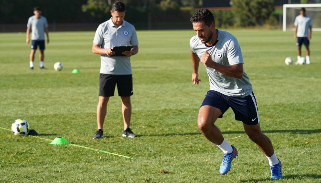 A dynamic soccer training scene showcasing a athlete engaged in sprint repeatability drills on a practice field. In the foreground, a male soccer player, dressed in a lightweight, fitted sports jersey and shorts, is mid-sprint, displaying focused determination. His muscular physique is emphasized by the movement, with sweat glistening under the bright afternoon sun. In the middle ground, a coach with a clipboard observes and times the intervals, while agility cones are strategically placed nearby to create a sprinting course. The background features a well-maintained grass field, scattered with soccer balls, and players in the distance practicing their skills. Soft, natural lighting illuminates the scene, creating a vibrant, energetic atmosphere that reflects the intensity of the training session. The angle is slightly low, giving prominence to the athlete's sprinting action and the overall dynamic training environment.