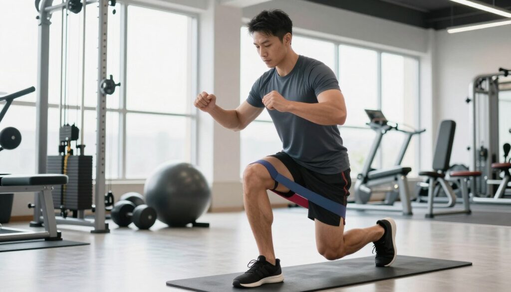 A fitness instructor demonstrating knee tracking exercises with resistance bands in a bright, well-lit gym. In the foreground, the instructor, wearing a fitted athletic shirt and shorts, is focused and poised, with one knee bent and a resistance band secured around their legs, emphasizing proper alignment and form. The middle ground showcases various gym equipment, such as weights and a yoga mat, suggesting a workout environment. The background consists of large windows allowing natural light to flood the space, enhancing the atmosphere of an energetic training session. The overall mood is motivating and focused, highlighting the importance of strength training for cyclists. The scene captures the essence of dynamic movement, demonstrating the effective use of resistance bands in a knee exercise.